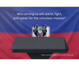 A picture of a podium with microphones and a blurred Haitian flag in the background